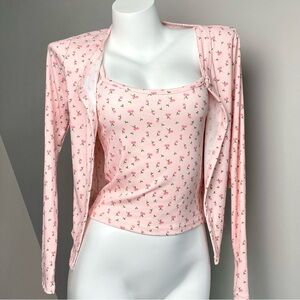Pink Floral Tank Top and Cardigan Set
